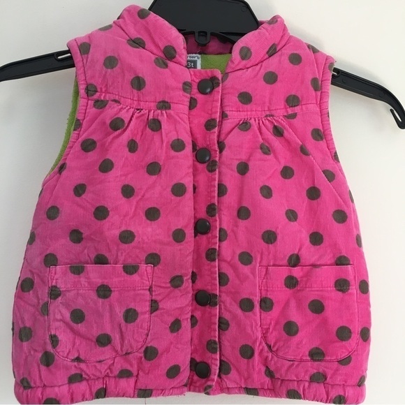 Carter's Toddler Girls Pink Polka Dot Cotton Corduroy Thick Winter Puffer Vest - Picture 1 of 13